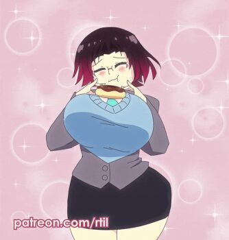 1girl animal_ear_fluff animated animated_gif artist_name black_hair blush bouncing_breasts breasts curvy dancing donut dragon_girl eating elma_(maidragon) food glasses gradient_hair huge_breasts kobayashi-san_chi_no_maidragon multicolored_hair necktie office_lady pencil_skirt purple_hair rtil short_hair skirt solo sparkle sweater thick_thighs thighs wide_hips