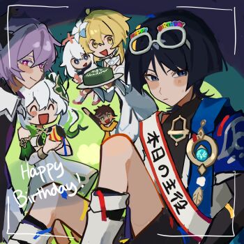 Rule 34 | 3boys, 3girls, anemo symbol (genshin impact), arm up, armlet, black bodysuit, black coat, black eyes, black hair, black scarf, black shorts, blonde hair, blue cape, blue gem, blue trim, blunt ends, blush stickers, bodysuit, bright pupils, brown hair, cape, choppy bangs, closed eyes, closed mouth, coat, colored eyelashes, colored tips, confetti, detached sleeves, diamond-shaped pupils, diamond (shape), dress, durin (genshin impact), eyeliner, eyewear on head, facing another, feathers, gem, genshin impact, gold, gold trim, green hair, grey eyes, grey hair, hair between eyes, halo, halterneck, happy birthday, highres, japanese clothes, jewelry, kimono, kurokun1025, leg warmers, long hair, looking at viewer, lumine (genshin impact), makeup, mandarin collar, multicolored hair, multiple boys, multiple girls, nahida (genshin impact), open clothes, open kimono, open mouth, paimon (genshin impact), pants, party popper, pink halo, pom pom (clothes), purple hair, red eyeliner, red eyes, romper, scaramouche (genshin impact), scarf, sethos (genshin impact), short hair, short hair with long locks, shorts, shoulder peek, side ponytail, sidelocks, sitting, smile, sweatdrop, symbol-shaped pupils, tareme, triangle mouth, vambraces, viewfinder, wanderer (genshin impact), white dress, white hair, white kimono, white leg warmers, white pants, white pupils, white romper, white scarf, white sleeves, white trim, yellow eyes, yellow feathers, yellow scarf