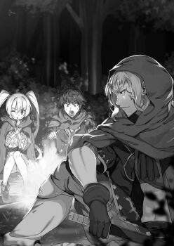 1girl 2boys alicia_vladia_sarkista ascot bonfire buta_koushaku cloak closed_mouth collared_shirt cropped_shirt earrings eating facial_tattoo fire food foot_out_of_frame frilled_skirt frills full_body gloves greyscale hair_between_eyes highres holding holding_food holding_knife holding_weapon hood hood_down hood_up hooded_cloak jewelry knife leaf long_hair long_sleeves loony_blow miniskirt monochrome multiple_boys nauribon night non-web_source novel_illustration official_art one_eye_closed open_mouth outdoors pants robe school_uniform shirt shoes short_hair short_sleeves shuya_nyukern sidelocks skirt smile sweat tattoo tree tsurime twintails upper_body v-shaped_eyebrows very_long_hair weapon wide_sleeves