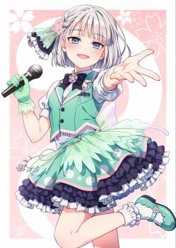1girl :d adapted_costume black_bow black_bowtie blue_eyes bobby_socks border bow bowtie collared_shirt commentary_request floral_background gloves green_gloves green_shoes green_skirt green_vest grey_hair highres holding holding_microphone idol_clothes konpaku_youmu konpaku_youmu_(ghost) looking_at_viewer mary_janes microphone nora_wanko open_mouth outside_border pink_background puffy_short_sleeves puffy_sleeves reaching reaching_towards_viewer shirt shoes short_hair short_sleeves single_glove skirt smile socks solo standing standing_on_one_leg touhou vest white_border white_shirt white_socks