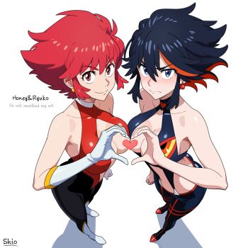 2girls adapted_costume armpit_crease armpits artist_name ass blue_eyes blush breast_press cleavage_cutout clothing_cutout collarbone cosplay covered_collarbone crossover cutie_honey cutie_honey_(character) cutie_honey_(character)_(cosplay) earrings frown gloves gold_earrings heart heart_hands heart_hands_duo highres jewelry kill_la_kill light_blush looking_at_viewer matoi_ryuuko multicolored_hair multiple_girls red_eyes red_hair red_streaks senketsu shio_(zsp1jqohfr12495) sidelocks smile sphere_earrings streaked_hair suspenders white_gloves