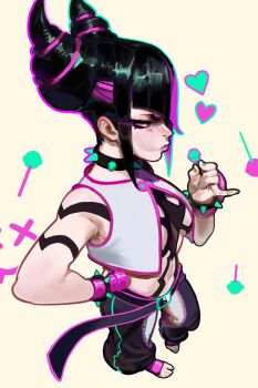 1girl baggy_pants black_hair bracelet breasts candy collar commentary diagonal_bangs english_commentary fingerless_gloves food from_above from_side frown full_body gloves glowing glowing_eye graffiti hair_horns han_juri hand_on_own_hip heart highres holding holding_candy holding_food holding_lollipop jewelry light_blush lips lollipop medium_breasts multicolored_hair nail_polish navel nero_(neroartbox) panties_over_leggings pants pink_lips pinky_out purple_eyes revision simple_background solo spiked_bracelet spiked_collar spikes street_fighter street_fighter_6 toeless_legwear x_x