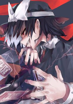 1girl absurdres alternate_eye_color amulet black_capelet black_hair black_hat blood blood_on_face blood_on_hands bow capelet collared_shirt electricity evil_grin evil_smile grin hair_between_eyes hat hat_bow highres long_sleeves looking_to_the_side medium_hair muraryo necktie red_eyes red_nails shirt sleeve_cuffs smile solo touhou usami_renko white_bow wiping_blood