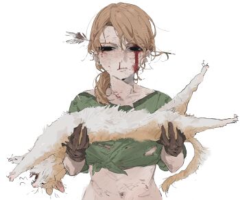 1girl :/ absurdres alex_(minecraft) animal arrow_(projectile) arrow_in_body arrow_in_head black_eyes bleeding blonde_hair blood blood_on_face blood_on_neck brown_gloves bruise bruise_on_face bruise_on_stomach bruised_eye carrying cat closed_eyes closed_mouth cropped_shirt dirty dirty_face empty_eyes gloves green_shirt hair_over_shoulder hands_up highres holding holding_animal injury le_(szs0k) low_side_ponytail lying medium_hair minecraft narrowed_eyes navel nosebleed object_through_head on_back open_mouth orange_cat parted_bangs sharp_teeth shirt short_sleeves shout_lines simple_background solo stomach straight-on stretching t-shirt teeth tied_shirt tongue torn_clothes torn_shirt upper_body white_background yawning
