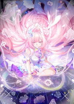 1girl absurdres amphoreus_(honkai:_star_rail) bare_shoulders breasts chinese_commentary commentary_request cyrene_(honkai:_star_rail) cyrene_(ripples_of_past_reverie)_(honkai:_star_rail) dark_elf dress elf flower hair_flower hair_ornament halo highres honkai:_star_rail honkai_(series) long_hair medium_breasts mobius_strip multicolored_hair niannian56127 pink_hair pointy_ears purple_eyes puzzle_piece solo two-tone_hair very_long_hair white_dress white_hair