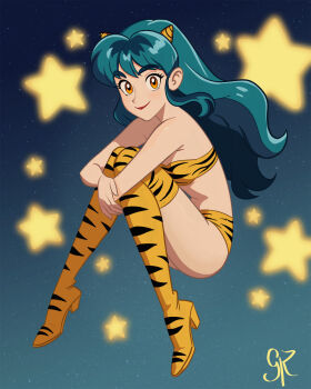 1girl animal_print aqua_hair artist_name bikini boots closed_mouth commentary cone_horns english_commentary galmesh_rosewood high_heel_boots high_heels highres horns long_hair looking_at_viewer lum orange_eyes print_boots smile solo star_(sky) star_(symbol) strapless strapless_bikini swimsuit thigh_boots tiger_panties tiger_print urusei_yatsura