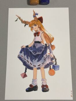 1girl art_tools_in_frame artist_name black_shoes blunt_bangs bow bowtie closed_mouth commentary_request cube footwear_bow full_body hair_ribbon highres horn_ornament horn_ribbon horns ibuki_suika long_hair looking_at_viewer low-tied_long_hair marker marker_(medium) orange_eyes orange_hair orb purple_ribbon purple_skirt pyramid_(geometry) red_bow red_bowtie ribbon shiratama_(hockey) shirt shoes skirt skirt_hold smile socks solo standing torn_clothes torn_sleeves touhou traditional_media white_shirt white_socks