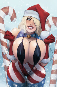 1girl alternate_breast_size_(larger) bare_shoulders bikini black_slingshot_swimsuit blonde_hair blue_eyes blue_thighhighs bodysuit breasts candy candy_cane christmas cleavage_cutout clenched_hands clothing_cutout covered_navel devilhs food gloves grin hair_over_one_eye hat highres huge_breasts long_hair looking_at_viewer mature_female micro_bikini mount_olympus_comics multicolored_bodysuit patriotika presenting_breasts print_thighhighs red_bodysuit red_gloves red_hat santa_hat sleeveless sleeveless_bodysuit slingshot_swimsuit smile snow solo star_(symbol) star_print striped_bodysuit swimsuit thighhighs two-tone_bodysuit white_bodysuit
