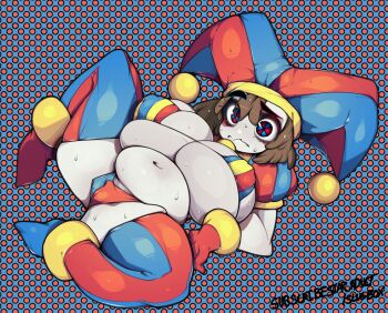 1girl alternate_breast_size_(larger) bikini blue_eyes blue_thighhighs breasts brown_hair cleavage closed_mouth covered_erect_nipples gloves hair_between_eyes hat highres huge_breasts jester jester_cap looking_at_viewer lying makeup medium_hair multicolored_bikini multicolored_eyes navel on_back plump pomni_(the_amazing_digital_circus) red_eyes red_gloves red_thighhighs slugbox solo stomach sweat swimsuit the_amazing_digital_circus thick_eyebrows thighhighs two-tone_eyes two-tone_hat two-tone_thighhighs wavy_mouth
