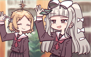 2girls :d ^_^ ahoge arisugawa_academy_school_uniform blonde_hair blurry blurry_background bow brown_serafuku brown_shirt brown_skirt cd closed_eyes closed_mouth commentary d4dj grey_hair hair_bow hair_ribbon holding_cd jitome long_hair long_sleeves medium_hair multiple_girls neckerchief open_mouth parted_bangs pleated_skirt raised_eyebrow red_neckerchief ribbon sailor_collar school_uniform serafuku shiratori_kurumi_(d4dj) shirt sidelocks skirt smile takeshita_miiko two_side_up white_bow white_ribbon white_sailor_collar yukitake_(bullfalk)
