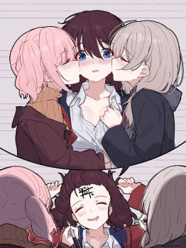 3girls ^_^ black_jacket blue_eyes blush blush_stickers breasts brown_hair brown_jacket brown_sweater chinese_commentary closed_eyes collared_shirt commentary_request dreaming dress_shirt drooling forehead_writing girls_band_cry hair_between_eyes highres hina_(girls_band_cry) holding holding_marker iseri_nina jacket kawaragi_momoka kiss kissing_cheek long_hair long_sleeves marker medium_breasts mouth_drool multiple_girls open_mouth pink_hair prank shirt sleeping smile speech_bubble sweat sweater tic-tac-toe turtleneck turtleneck_sweater white_shirt yun_cao_bing yuri