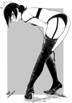 1girl absurdres alternate_costume ass blush bra breasts chainsaw_man glasses greyscale hair_bun high_heels highres leaning_forward lml1880828 looking_at_viewer monochrome panties reze_(chainsaw_man) small_breasts solo standing thighhighs underwear