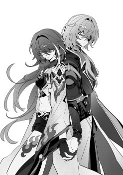1boy 1girl absurdres acheron_(honkai:_star_rail) anaxa_(honkai:_star_rail) armor behind_another chinese_commentary closed_mouth couple crop_top expressionless eyepatch formal_clothes from_side hair_flowing_over hair_intakes hair_over_one_eye hair_over_shoulder head_tilt highres holding_hands honkai:_star_rail honkai_(series) japanese_clothes leaning_back leaning_on_person leg_tattoo light_smile linzigugugu long_hair long_sleeves looking_to_the_side low_ponytail monochrome multicolored_hair navel pants ponytail short_shorts shorts shoulder_armor simple_background standing stomach streaked_hair suit tattoo thighs upper_body white_background wide_sleeves