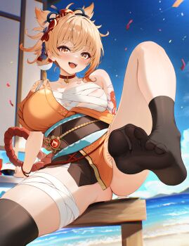 1girl absurdres areola_slip arm_tattoo bandaged_leg bandages beach black_socks blue_sky blush breasts butterfly_choker chest_sarashi chest_tattoo choker commentary_request day feet fish_tattoo foot_focus genshin_impact hadanugi_dousa hair_up highres japanese_clothes kimono knee_up large_breasts no_shoes ocean open_kimono open_mouth orange_eyes orange_hair orange_kimono presenting_foot radoremo red_choker rope sarashi shimenawa sky socks soles solo tattoo toes yoimiya_(genshin_impact)