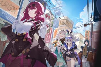 1boy 3girls absurdres aqua_skirt bag black_gloves black_hair black_jacket blade_(honkai:_star_rail) blue_sky breasts brown_bag building chinese_clothes city closed_eyes closed_mouth cloud commentary_request cowboy_shot crossed_bangs day drill_hair drill_ponytail eyewear_on_head facing_viewer fingerless_gloves firefly_(honkai:_star_rail) fur-trimmed_jacket fur_trim glasses gloves grey_eyes grey_hair grey_pants hair_between_eyes handheld_game_console hands_up happy high-waist_shorts highres holding holding_bag holding_handheld_game_console honkai:_star_rail honkai_(series) jacket kafka_(honkai:_star_rail) lamppost large_breasts long_hair long_sleeves multiple_girls neckerchief no_pupils open_mouth orange_neckerchief outdoors pants pantyhose pantyhose_under_shorts pince-nez playing_games power_lines purple-tinted_eyewear purple_eyes purple_gloves purple_hair purple_pantyhose red_eyes sentter shirt shopping_bag shorts sign silver_wolf_(honkai:_star_rail) skirt sky smile stellaron_hunters_(honkai:_star_rail) sunglasses tinted_eyewear utility_pole white_shirt