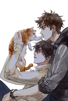 2boys animal artist_name black_hair brown_hair cat earrings he_zhao highres holding holding_animal holding_cat hood hood_down hoodie jacket jewelry jiujiangzi_benren long_sleeves looking_at_another male_focus multiple_boys open_mouth pants short_hair simple_background sitting sweater watch weizhuang_xuezha white_background wristwatch xie_yu yaoi