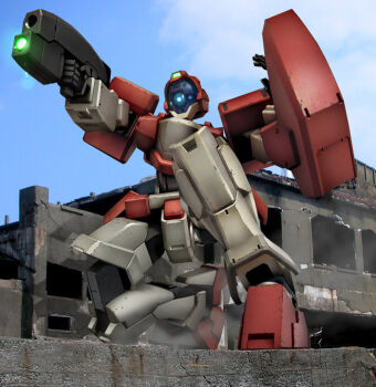 energy_gun genoace gun gundam gundam_age hiropon_(tasogare_no_puu) holding holding_gun holding_weapon humanoid_robot mecha mobile_suit mono-eye no_humans on_one_knee outdoors robot science_fiction shield solo weapon
