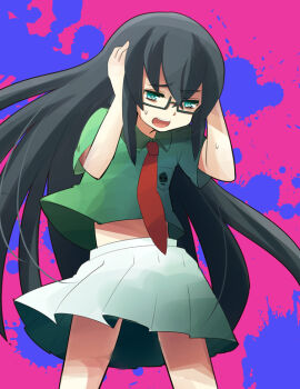10s 1boy black_hair crossdressing crossdressing_(mtf) gatchaman gatchaman_crowds glasses green_shirt long_hair mzk necktie ninomiya_rui pleated_skirt scared school_uniform shirt skirt standing trap white_skirt wig