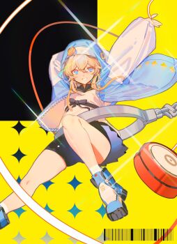 1boy 4deung :d arm_behind_head arm_up barcode bike_shorts black_background black_shorts blonde_hair blue_eyes blue_jacket bridget_(guilty_gear) guilty_gear guilty_gear_strive highres hood hood_up hooded_jacket hoodie jacket knee_up long_sleeves looking_at_viewer male_focus open_clothes open_hoodie open_mouth shirt shorts simple_background smile solo thighs trap white_mouth white_shirt yellow_background yo-yo