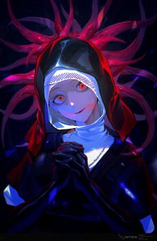 1girl absurdres black_background black_capelet black_gloves black_hood blood blood_on_face capelet closed_mouth commentary_request drooling elden_ring elden_ring_nightreign gloves head_tilt highres jewelry looking_to_the_side necklace nun praying red_eyes signature solo srhk96 tentacles undertaker_(elden_ring) upper_body white_coif