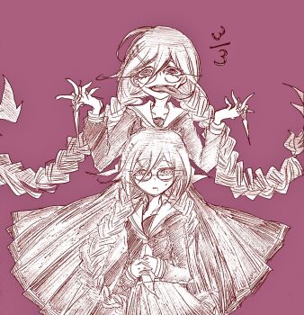2girls braid collarbone collared_shirt commentary_request danganronpa:_trigger_happy_havoc danganronpa_(series) dated dual_persona eyelashes fukawa_toko genocider_shou hair_between_eyes hair_ornament hairclip holding holding_scissors holding_weapon ktobsi02 long_hair long_skirt long_sleeves long_tongue mole mole_under_mouth monochrome multiple_girls neckerchief open_mouth purple_background purple_theme sailor_collar school_uniform scissors serafuku shirt simple_background skirt smile teeth tongue tongue_out twin_braids twintails very_long_hair weapon white_sailor_collar