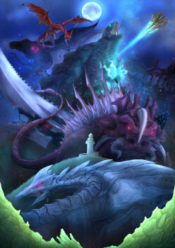 absurdres claws cloud crest emaciated energy energy_beam engi_(animation_studio) extra_eyes fins flying forked_tongue full_moon gamera gamera_(series) gamera_-rebirth- giant giant_monster glowing glowing_eyes grass green_eyes guiron gyaos highres hill horns jiger kadokawa kaiju lighthouse long_tongue looking_at_viewer monster moon night no_humans pink_eyes plant plasma plasma_beam raiodexiasu roaring s-gyaos sea_monster sharp_teeth sky star_(sky) starry_sky stinger sword tail talons teeth tentacles tongue tongue_out torn_wings turtle turtle_shell turtleneck tusks very_long_tongue viras weapon wings zigra