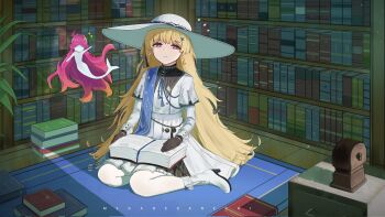 1girl artist_name black_bow black_collar black_gloves blonde_hair blue_sash book book_stack bookshelf boots bow closed_mouth collar commentary corrupted_twitter_file gloves hair_bow hair_ornament hat high-waist_skirt highres indoors library long_hair long_sleeves meganesanechi nimbus_wraith_(wuthering_waves) pantyhose phoebe_(wuthering_waves) purple_eyes sash shirt sitting skirt smile solo striped_bow very_long_hair white_boots white_hat white_pantyhose white_shirt white_skirt wuthering_waves x_hair_ornament yokozuwari