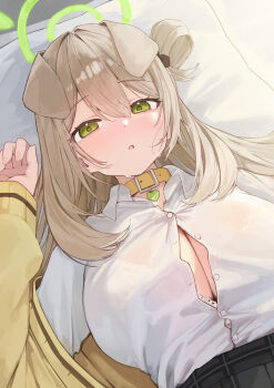 1girl absurdres animal_collar animal_ears auuufox black_skirt blonde_hair blue_archive blush bra bra_peek breasts button_gap buttons cardigan cleavage collar collared_shirt commentary_request dog_ears from_above green_eyes green_halo hair_between_eyes hair_rings halo heart_collar highres kemonomimi_mode large_breasts long_hair long_sleeves looking_at_viewer lying nonomi_(blue_archive) off_shoulder on_back open_mouth parted_lips pillow plaid_clothes plaid_skirt see-through_clothes see-through_shirt shirt shirt_tucked_in sidelocks single_hair_ring skirt solo sweat underwear very_long_hair white_bra white_shirt yellow_cardigan yellow_collar