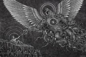 1boy 2019 6+others angel_wings animal_ears bald body_horror cat cat_ears commentary divine_entity english_commentary exposed_heart feathered_wings feathers fine_art_parody garfield garfield_(character) greyscale half-closed_eyes halo halo_behind_head heart hole hole_in_chest hole_on_body horror_(theme) instagram_logo instagram_username jon_arbuckle jr_(jarsarts) monochrome multiple_others parody short_hair teeth tentacles the_creation_of_adam wings