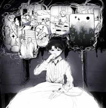 1girl 6+boys absurdres adjusting_clothes adjusting_headwear alger_wilson audrey_hall banknote benson_moretti bird black_hair bubble_tea building candle candlelight cardiogram cellphone chair chinese_commentary city city_lights closed_eyes coat commentary_request covering_own_mouth cushion dark derrick_berg drawing_(object) dunn_smith eating eekee empty_eyes faceless fog food hand_up hat highres holding holding_spoon indoors klein_moretti looking_at_another lord_of_the_mysteries machine melissa_moretti money monochrome moon multiple_boys necktie on_bed origami pajamas paper_crane patchwork_clothes phone pillar seat siblings silhouette smartphone smile spoon star_(sky) table wall