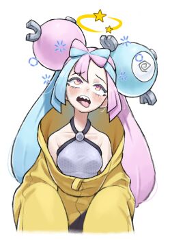 1girl absurdres bare_shoulders blue_hair blush bow-shaped_hair breasts character_hair_ornament collarbone criss-cross_halter dizzy facing_viewer fake_hair_bun grimmelsdathird hair_ornament halter_shirt halterneck highres iono_(pokemon) jacket long_hair long_sleeves medium_breasts multicolored_hair nintendo open_mouth oversized_clothes pink_hair pokemon pokemon_sv raised_eyebrows seeing_stars sharp_teeth shirt sleeves_past_fingers sleeves_past_wrists solo split-color_hair squeans teeth tongue tongue_out two-tone_hair upper_body very_long_sleeves yellow_jacket