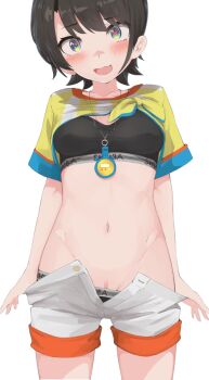 1girl bad_id bad_pixiv_id black_bra black_hair black_panties blue_eyes blush bra breasts clothes_lift clothes_pull collarbone cowboy_shot embarrassed heart heart-shaped_pupils hololive looking_at_viewer medium_breasts navel oozora_subaru oozora_subaru_(1st_costume) open_clothes open_mouth open_shorts panties panty_pull pussy pussy_peek recklessdraw shirt shirt_lift short_hair short_shorts short_sleeves shorts shorts_pull simple_background solo stopwatch striped_clothes striped_shirt symbol-shaped_pupils tied_shirt underwear vertical-striped_clothes vertical-striped_shirt virtual_youtuber watch wavy_mouth white_background white_shorts yellow_shirt