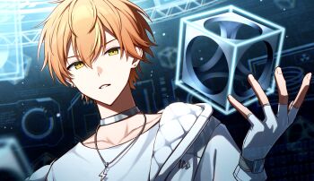 1boy absurdres choker commentary earrings fingerless_gloves gloves green_eyes highres jacket jewelry lightning_bolt_symbol necklace project_sekai shinonome_akito shirt silver_choker solo symbol-only_commentary teeth teneko02 white_gloves white_jacket white_shirt