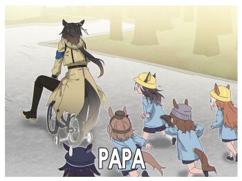 6+girls aged_down animal_ears beanie bicycle black_boots black_hair black_pants black_shorts blue_shirt boots bow brown_hair brown_hat coat dream_journey_(umamusume) ear_covers ears_through_headwear fenomeno_(umamusume) gold_ship_(umamusume) grey_hat hat helmet highres horse_ears horse_girl horse_tail kindergarten_uniform long_hair long_sleeves multicolored_hair multiple_girls muted_color nakayama_festa_(umamusume) orange_hair orfevre_(umamusume) pants peaked_cap pillbox_hat purple_bow purple_hair riding riding_bicycle school_hat shirt shorts smock sso_hungny stay_gold_(sunlit_outsider)_(umamusume) stay_gold_(umamusume) stay_gold_clan_(umamusume) tail two-tone_hair umamusume white_hair yellow_coat yellow_hat yellow_helmet