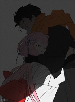 1boy 1girl alternate_costume alternate_hairstyle black_coat black_hair bow bowtie coat commentary_request glowing glowing_eye glowing_eyes hair_ornament hair_ribbon hands_on_another's_back height_difference hug japanese_clothes kimono leaning_on_person long_hair long_sleeves looking_at_viewer natsuki_subaru no_mouth obi obijime official_alternate_costume orange_scarf pink_hair ram_(re:zero) re:zero_kara_hajimeru_isekai_seikatsu re:zero_kara_oboreru_isekai_seikatsu red_bow red_bowtie red_eyes ribbon sash scarf shade smile tukemono6 white_kimono x_hair_ornament