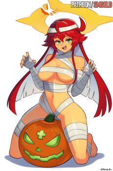 absurdres artist_name bandaged_arm bandaged_chest bandaged_head bandaged_leg bandages breasts broken_halo colored_inner_hair commentary english_commentary green_eyes guilty_gear guilty_gear_strive hair_between_eyes halloween halo highres jack-o&#039;-lantern jack-o&#039;_valentine large_breasts long_hair looking_at_another multicolored_hair navel open_mouth patreon_username red_hair simple_background smgold smile spiked_halo teeth thighs upper_teeth_only white_background white_hair