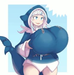 1girl alternate_breast_size_(larger) animal_hood animated blue_eyes blue_hair blunt_bangs blush bouncing bouncing_breasts breasts breasts_squeezed_together female_focus fins fish_tail gawr_gura gigantic_breasts grabbing_own_breast hololive hololive_english hood hoodie kittenboogers long_hair multicolored_hair open_mouth oppai_loli shark_girl shark_tail sharp_teeth smile solo standing tail teeth thighs video virtual_youtuber white_hair