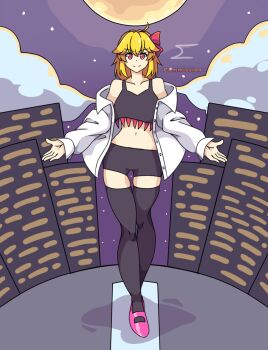 1girl absurdres aged_up ahoge alternate_costume bare_shoulders black_shorts black_tank_top black_thighhighs blonde_hair boots bow cityscape cloud cloudy_sky collarbone commentary commission crop_top english_commentary english_text flat_chest full_moon hair_between_eyes hair_bow hands_up highres looking_at_viewer medium_hair midriff moon navel neferkitty night off-shoulder_shirt off_shoulder pink_boots red_bow red_eyes rumia shirt short_shorts shorts signature skindentation sky solo standing star_(sky) starry_sky straight-on tank_top thighhighs touhou walking zettai_ryouiki