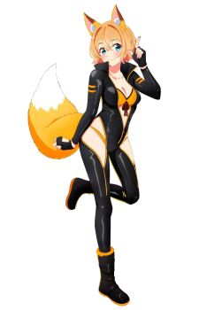 Rule 34 | 1girl, alternate costume, animal ear fluff, animal ears, black bodysuit, black boots, black gloves, blonde hair, blue eyes, blush, bodysuit, boots, breasts, cleavage, fake animal ears, fake tail, fingerless gloves, fox ears, fox tail, full body, gloves, highres, hirayama kanna, kanojo okarishimasu, large breasts, leather, leather bodysuit, long sleeves, looking at viewer, nanami mami, official art, open bodysuit, open clothes, pointing, pointing up, short hair, simple background, solo, tail, third-party source, white background