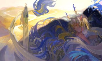 1girl arknights artist_name bare_shoulders bell blonde_hair blue_hair blue_horns branch closed_eyes closed_mouth day deer detached_sleeves dragon_girl dragon_horns dragon_tail earrings eastern_dragon_horns eastern_dragon_tail eyeliner flower gradient_horns hair_between_eyes hair_rings highres hill holding_own_tail horns jewelry knee_up long_hair long_sleeves lying makeup multicolored_horns on_side orange_eyeliner pants pink_flower pointy_ears revealing_layer river shirt shu_(arknights) single_hair_ring sky solo star_(sky) starry_sky strapless strapless_shirt tail tassel tassel_earrings tube_top upper_body very_long_hair white_hair white_pants white_tube_top yellow_horns zongsi600