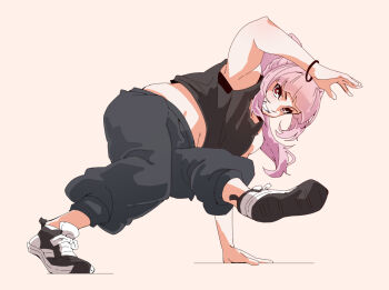1girl alternate_costume black_shoes breakdance bright_pupils commentary crop_top english_commentary eyelashes full_body grey_pants grey_shirt grin hololive hololive_english long_hair lord_joeboto midriff mori_calliope pants pink_hair ponytail red_eyes shirt shoelaces shoes simple_background smile solo sweatpants teeth virtual_youtuber white_background white_pupils