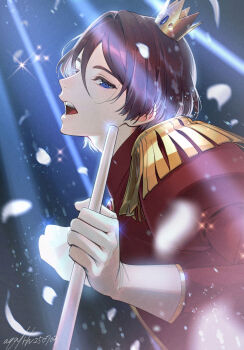 1boy akua blue_eyes brown_hair commentary_request crown epaulettes from_side gloves hair_between_eyes highres holding juliet_sleeves king_of_prism long_sleeves looking_at_viewer male_focus norizuki_jin open_mouth petals pretty_rhythm pretty_series profile puffy_sleeves short_hair solo spotlight upper_body white_gloves