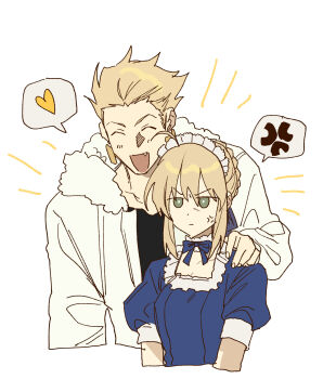 0304rong0304 1boy 1girl anger_vein artoria_pendragon_(fate) blonde_hair blue_bow blue_bowtie bow bowtie breasts carnival_phantasm choker closed_eyes coat commentary_request earrings fang fate/stay_night fate_(series) fur-trimmed_coat fur_trim gilgamesh_(fate) green_eyes hand_on_another&#039;s_shoulder heart highres jewelry korean_commentary maid maid_headdress medium_breasts open_mouth saber_(fate) smile spoken_anger_vein spoken_heart white_choker white_coat
