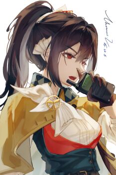 absurdres brown_cape brown_gloves brown_hair cape dated gloves hand_up highres holding holding_walkie-talkie neckerchief open_mouth ponytail red_eyes reverse:1999 semmelweis_(reverse:1999) shirt ttehomase walkie-talkie white_neckerchief white_shirt