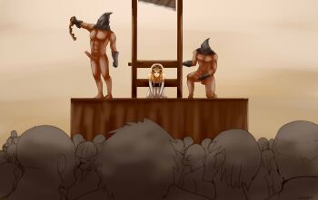 1girl 6+boys absurdres all_fours angry audience bald balding bound brown_hair clothed_female_nude_male crowd crown execution executioner guillotine highres hood humiliation mask multiple_boys muscular muscular_male nintendo nude on_one_knee outdoors penis peril pointy_ears princess princess_zelda public_indecency restrained simple_background standing stocks the_legend_of_zelda uncensored veiled616 why