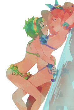 2girls absurdres arched_back arms_around_waist bikini green_bikini green_hair highres looking_at_another lying_on_water macross macross_delta makina_nakajima md5_mismatch multiple_girls pink_hair purple_bikini reina_prowler ro_(tuyu_416) swimsuit yuri