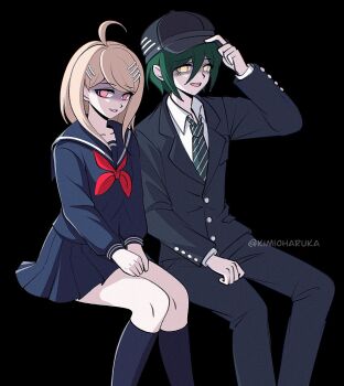 1boy 1girl :d adjusting_clothes adjusting_headwear ahoge akamatsu_kaede black_background black_hat black_jacket black_pants black_serafuku black_shirt black_skirt black_socks blonde_hair brown_hair collarbone danganronpa_(series) danganronpa_v3:_killing_harmony feet_out_of_frame hair_between_eyes hair_ornament hairclip hat highres invisible_chair jacket kimioharuka kneehighs long_hair long_sleeves neckerchief necktie official_alternate_costume open_mouth pants red_neckerchief saihara_shuichi school_uniform serafuku shirt simple_background sitting skirt smile socks striped_necktie teeth upper_teeth_only yellow_eyes