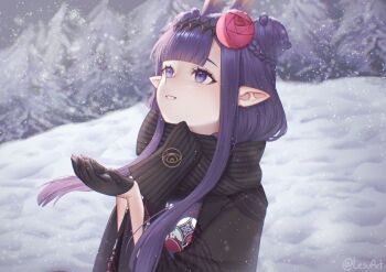 1girl absurdres black_gloves black_haori black_kimono black_scarf blunt_bangs braid bun_with_braided_base center-flap_bangs commentary double_bun english_commentary enpera furisode gloves grey_eyes grin hair_bun haori highres hololive hololive_english japanese_clothes kimono lesu long_hair long_sidelocks looking_up ninomae_ina'nis ninomae_ina'nis_(new_year) official_alternate_costume official_alternate_hairstyle outdoors pointy_ears print_kimono purple_hair scarf sidelocks smile snow snowing solo straight_hair very_long_hair virtual_youtuber winter