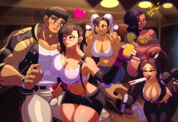 1boy 4girls bar_(place) blush breasts capcom chun-li cleavage crossover curvy dark-skinned_female dark_skin denim embarrassed final_fantasy final_fantasy_vii hand_fan harem highres holding holding_fan indoors jacket jealous jeans large_breasts laura_matsuda long_hair multiple_girls muscular nervous ninja pants police police_uniform policewoman red_eyes ryu_(street_fighter) shiranui_mai sitting sitting_on_lap sitting_on_person skirt snk square_enix street_fighter sweat sweatdrop tank_top the_king_of_fighters thick_thighs thighs tifa_lockhart trembling unclered waitress warrior