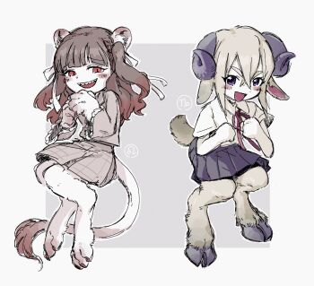 2girls animal_ears baio_rin black_hair blazer blonde_hair blush capricorn_(symbol) chomahu furrification furry goat_ears goat_girl goat_horns goat_legs goat_tail hair_ribbon highres horns jacket kimi_no_koto_ga_dai_dai_dai_dai_daisuki_na_100-nin_no_kanojo leo_(symbol) lion_ears lion_girl lion_paw lion_tail long_hair multiple_girls neck_ribbon open_mouth pleated_skirt purple_eyes red_eyes ribbon sharp_teeth shirt short_hair skirt slit_pupils sutou_iku tail teeth upper_teeth_only w_arms white_shirt